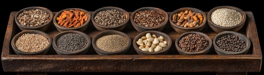 Obraz premium Natural Superfoods for Digestive Health A Rustic Table Display of Seeds and Spices for Wellness Support