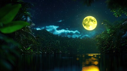 Moonlit river scene surrounded by lush greenery and starry night sky.