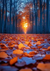 One point perspective closeup of fallen autumn leaves on the ground flanked by barren trees with a beautiful warm sunset in the distance
