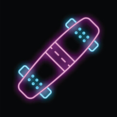 Bright, colorful neon longboard skateboard glowing on a black background