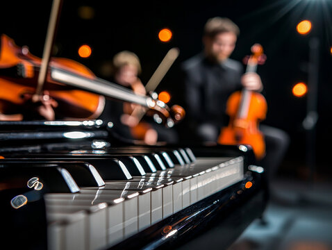 close up of piano keys with violin and viola in background, creating harmonious musical atmosphere. blurred musicians add depth to scene - Powered by Adobe