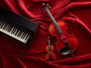 collection of musical instruments including piano and violins on red fabric background, creating...