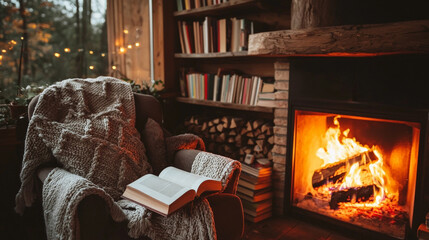 cozy corner with fireplace, reading nook featuring comfortable chair, warm blanket, and open book. ambiance is inviting and perfect for relaxation