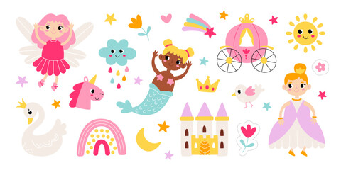 Fototapeta premium Cute fairytale princess in pretty dress, forest fairy elf with wings, underwater mermaid with tail