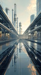Obraz premium Futuristic industrial petrochemical refinery complex with symmetric mirrored reflection of pipelines storage tanks and architectural structures in an urban cityscape backdrop