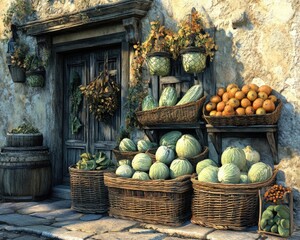 Rustic Farmhouse Market Stall with Fresh Organic Vegetables, Displaying a Vibrant Selection of Locally Grown Produce, Featuring Baskets of Melons, Pumpkins, and Citrus Fruits, Creating a Charming and