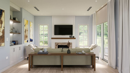 Interior renderings of Casa Lavanda, classic and colorful style