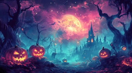 Obraz premium Enchanting Halloween Landscape with Haunting Castle and Glowing Pumpkins