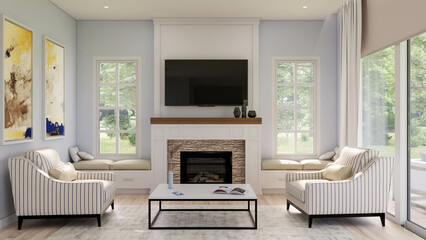 Interior renderings of Casa Lavanda, classic and colorful style