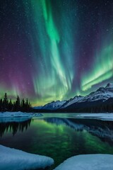 northern lights at night, icy mountains, lake, frozen, cold, beautiful landscape, iceland