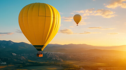Obraz premium Golden hot air balloons drift over stunning landscapes at sunset, evoking a serene, magical atmosphere