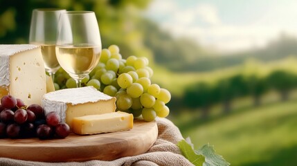 Cheese and wine on a wooden board with grapes in a vineyard setting, AI
