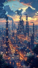 Fototapeta premium Stunning futuristic cityscape with towering skyscrapers glowing lights and a vibrant sunset sky This image depicts a bustling high tech metropolis of the future