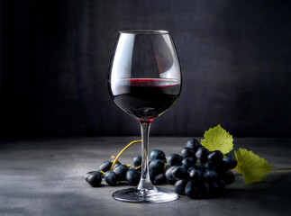 Elegance in Every Sip: Red Wine and Grapes on a Sophisticated Gray Table