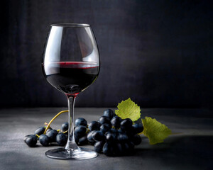 Elegance in Every Sip: Red Wine and Grapes on a Sophisticated Gray Table