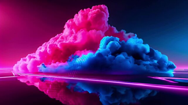 Abstract pink and blue clouds with neon light reflection on a dark surface.