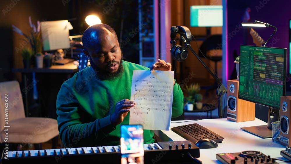 Leinwandbilder Skilled performer explaining sheet with musical notes on online video tutorial, internet lessons in home studio. Producer artist teaching how to read acoustical notation, playing piano. Camera A.