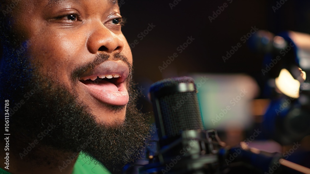 Poster skilled artist composing a new song with his lyrics and piano tunes, recording audio files to edit t