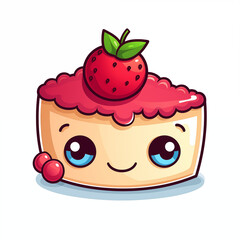 Cute cartoon dessert with a smiling face, topped with a strawberry and berry, on a light background