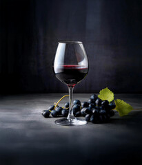 Elegance in Every Sip: Red Wine and Grapes on a Sophisticated Gray Table