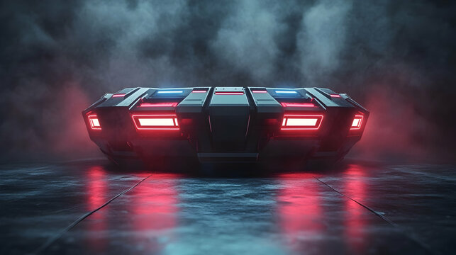 Futuristic Vehicle with Red and Blue Lights, car, transportation, sci-fi, spaceship, flying car
