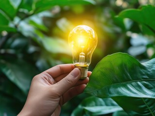 Hand holding illuminated light bulb against vibrant green leaves, symbolizing ideas, innovation and bright future in natural setting.