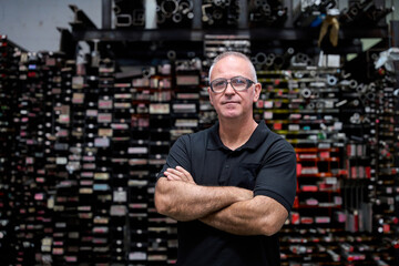 Portrait of confident metal worker in engineering warehouse with crossed arms