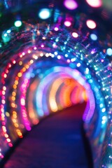 Lights inside a tunnel at night create a vivid and colorful path
