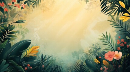 Vibrant Tropical Jungle Landscape with Lush Foliage and Blooming Flowers