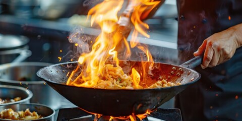 A chef skillfully stir-frying a meal in a flaming pan.