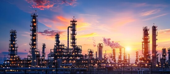 Stunning sunset view of a large petrochemical industrial facility with towering storage tanks refineries smokestacks and pipelines against a vibrant sky in an urban landscape setting