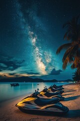 Jetski park at sandy sea beach with coconut tree. Summer tropical sports.