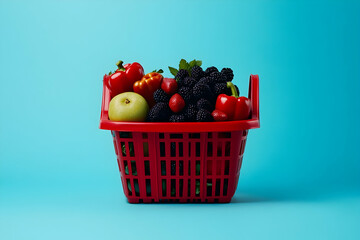 Red Basket Full of Fresh Fruits and Vegetables, green, black, fruit basket, produce, grocery shopping
