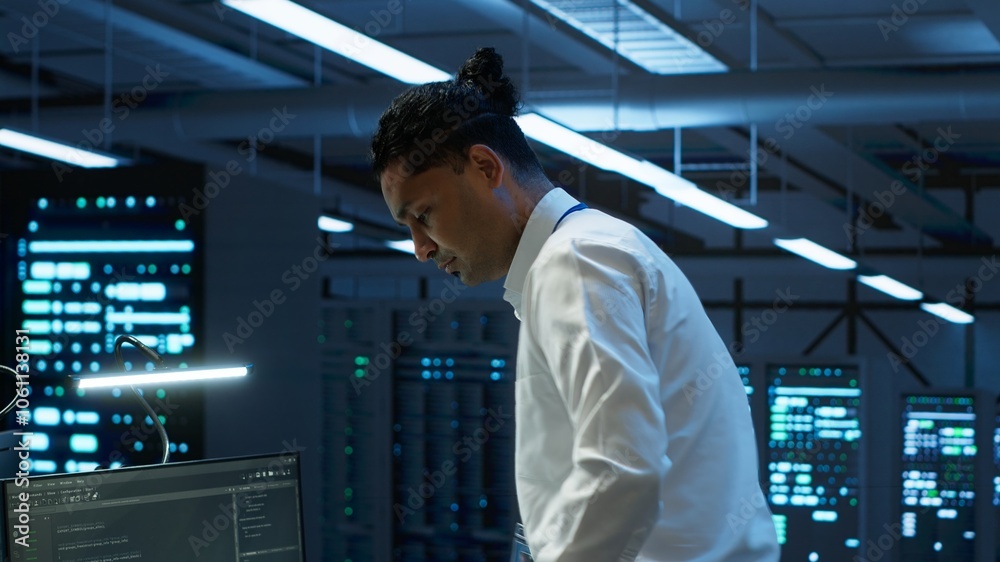 Poster data center computer scientist responsible for installation of networking equipment solving tasks. i