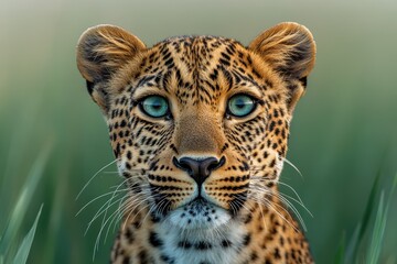 Obraz premium Close-Up Portrait of an African Leopard with Intense Green Eyes in the Savanna