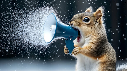 Fototapeta premium Squirrel Shouting into Megaphone, announcement, communication, news, alert, warning