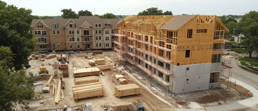Overhead view of multifamily housing construction site with wooden frames, scaffolding, and construction equipment. site is bustling with activity and materials