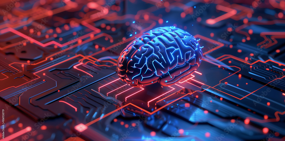 Poster a 3d model of a human brain sits on a circuit board, representing the merging of technology and inte
