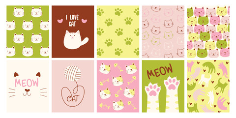Set of seamless pattern background and postcards templates with cute funny cats pet animals