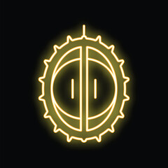 Bright yellow neon sign in the shape of a durian fruit, glowing on a black background