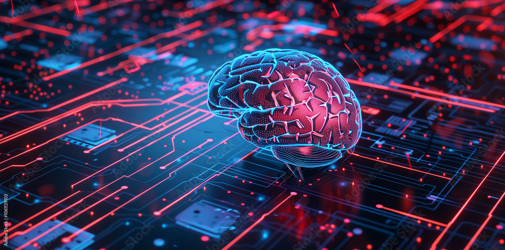 Poster A digital brain sits atop a circuit board, highlighting the intersection of technology and human intelligence