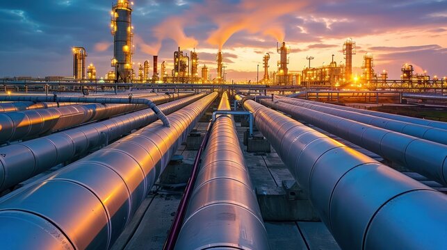 Dramatic sunset skyline over a bustling oil refinery with a network of pipelines and storage tanks showcasing the industrial infrastructure and energy production in an urban landscape