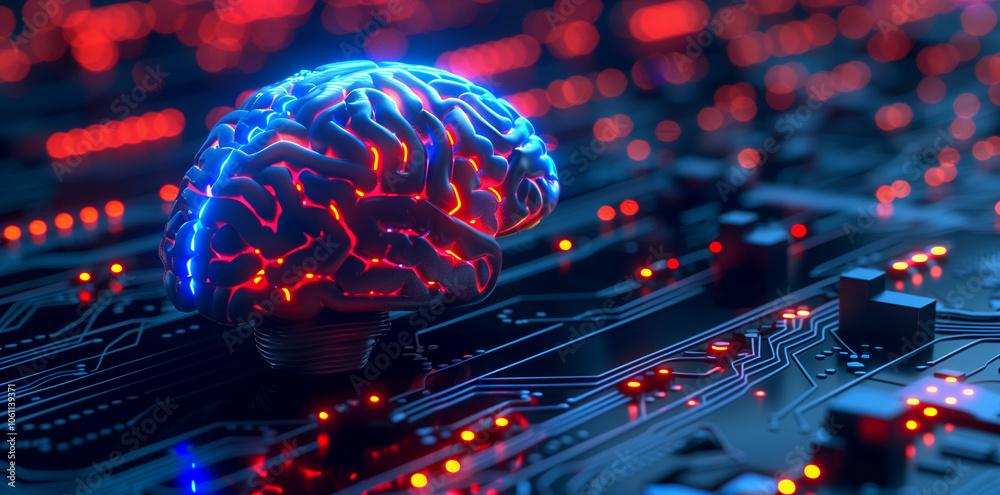 Poster a glowing brain sits on a circuit board, representing the intersection of technology and human intel