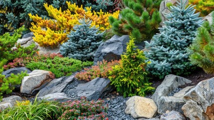 Variety of Colorful Pine and Spruce in Rock Garden Landscaping