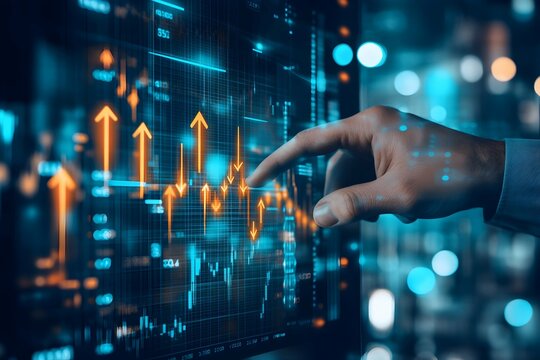 data statistics with arrows analysis on screen, talented analyst hand on data science research,  useful motion and bokeh effected background for online market trading web sites and pages