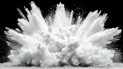 White Powder Explosion On Black Background, dust cloud, powder cloud, isolated, burst, impact