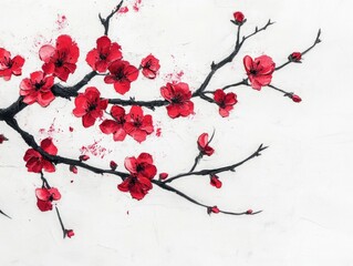 Beautiful red cherry blossoms captured in an artistic brush stroke style. The image features a branch with flowers, evoking a sense of tranquility and the celebration of spring's arrival.