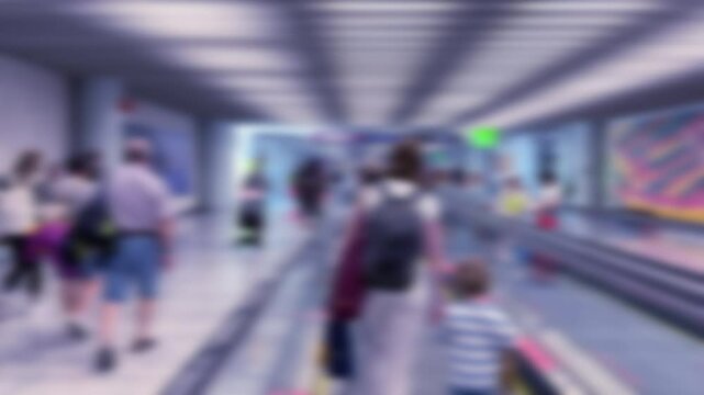 Blurred view of a mother and toddler on an airport walkway, surrounded by other travelers. The scene reflects themes of surveillance, privacy, and family in a monitored public space