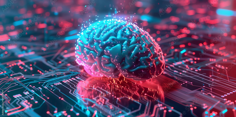 Poster A 3D rendering of a human brain on a circuit board, representing the future of artificial intelligence