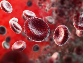 High resolution microscopic image of red blood cells, showing their unique shape and color. Used for medical diagnostics or educational purposes.